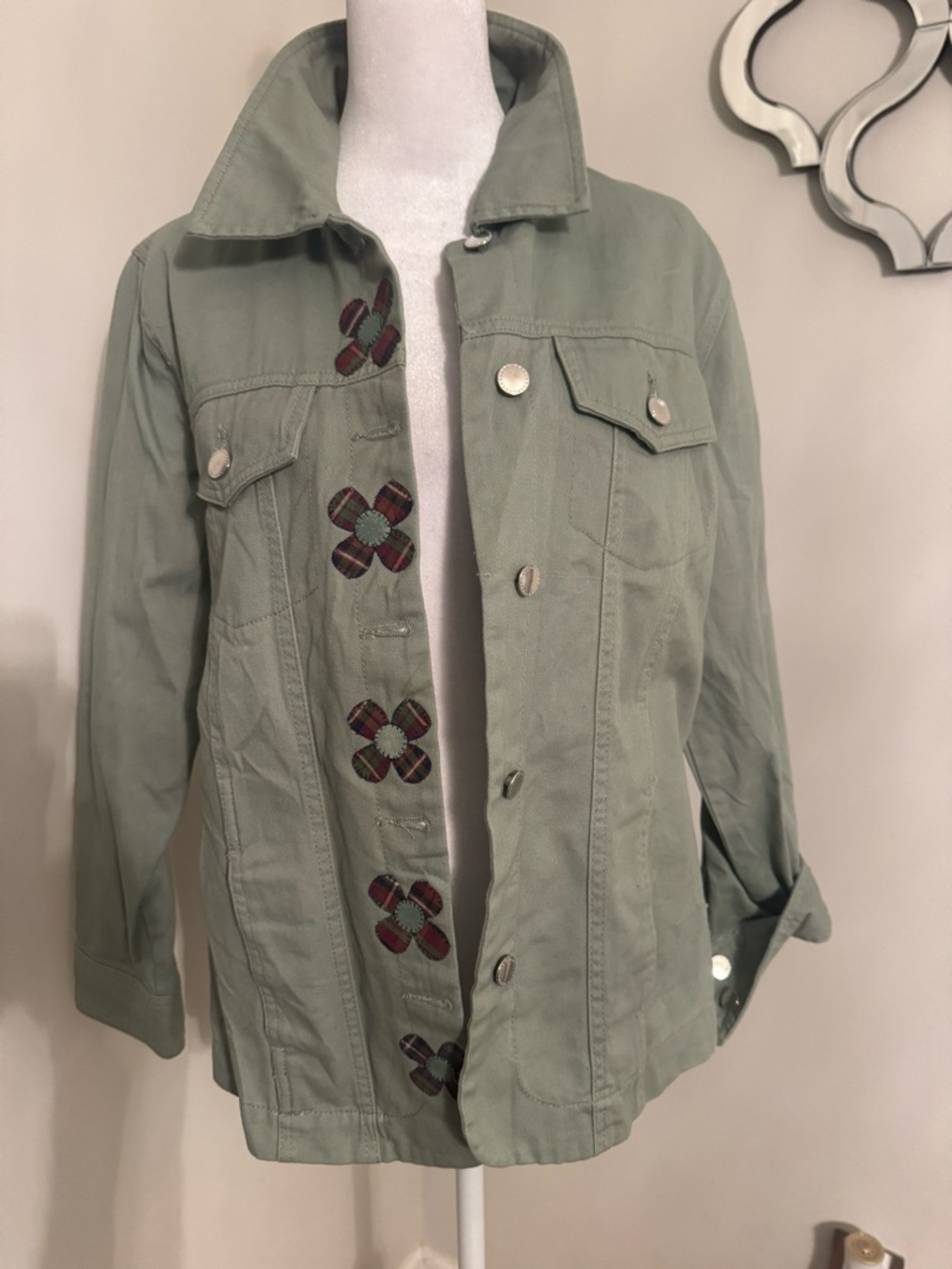 Light Sage Embroidered Button-Front Jean Jacket - Women